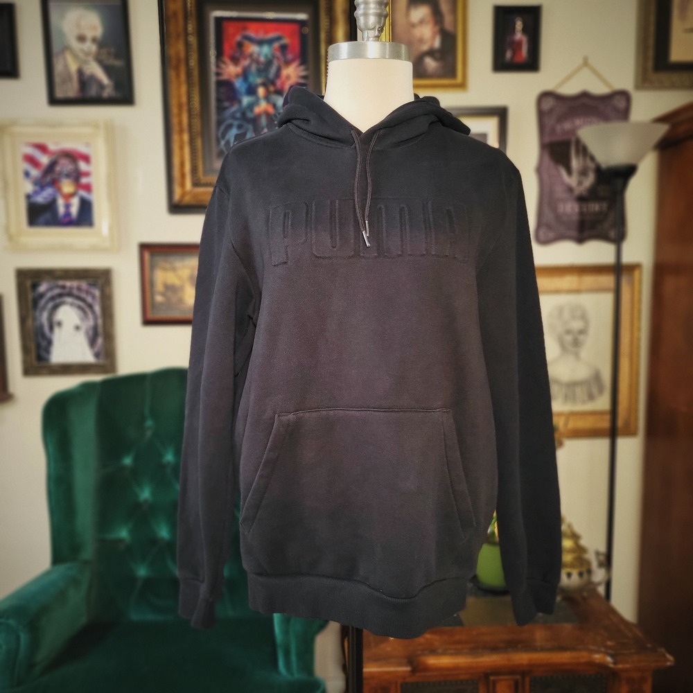Puma Hoodie Mens Medium Black Embossed Pullover‎ Sweatshirt Long Sleeve Hoodie